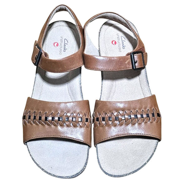 Clarks Unstructured Un Perri Way Flat Sandals Dark Tan Leather Women's Size 9 - Picture 2 of 5